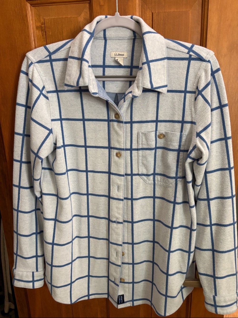 L.L. Bean Cream and Blue Windowpane Button-Down Shirt